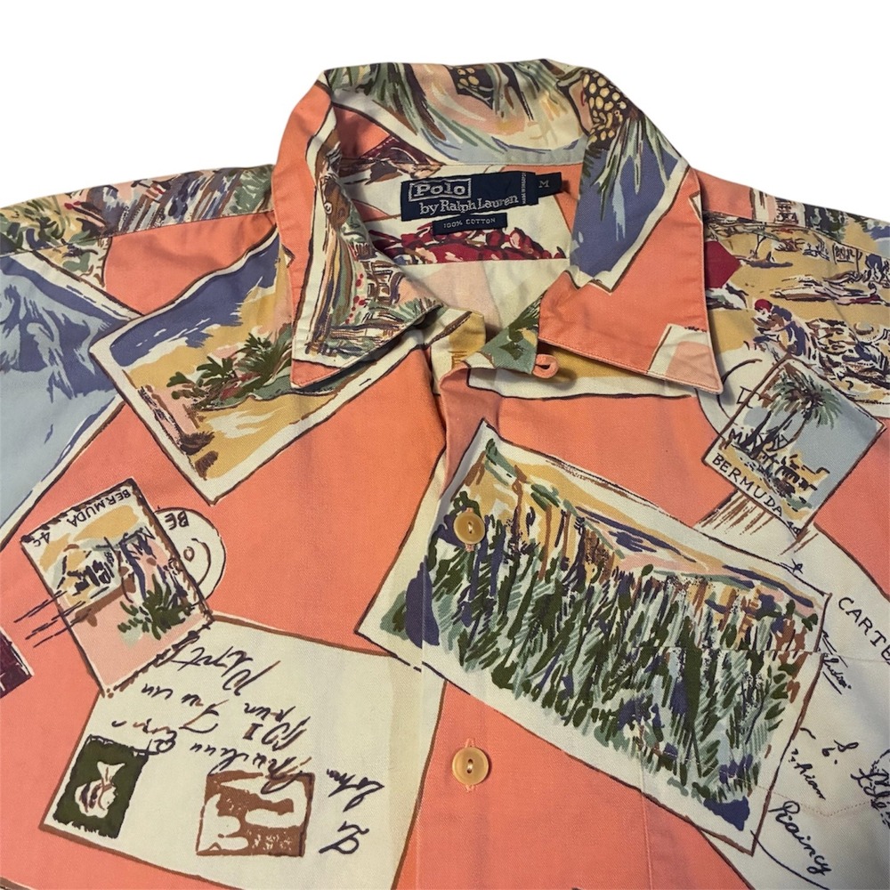 Polo Ralph Lauren Mens Postcard Print Button Up Shirt Salmon Pink Cotton Medium